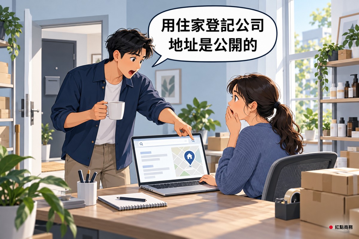 窗邊的居家工作區裡,一位女性創業者坐在書桌前,筆電螢幕上是沒有文字的搜尋結果版面和一個標著房屋圖示的地圖標記;站在旁邊拿著馬克杯的合夥人驚訝地指著螢幕說話,創業者睜大眼睛、用手摀著嘴,後方看得到住家大門和門上的信箱口,桌邊有紙箱包裹,架上擺著瓶裝商品,對話氣泡寫著用住家登記公司,地址是公開的