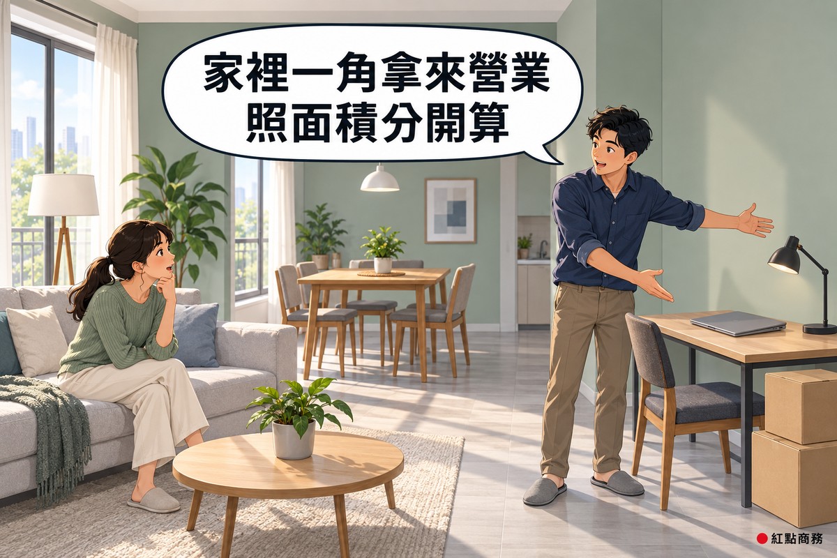 同一個公寓客廳與餐廳的開放空間,右邊靠牆是一張書桌的工作角落,桌上有闔起來的筆電與檯燈,旁邊疊著兩個沒有字的紙箱;穿靛藍色襯衫的男性站在書桌旁,張開雙手比著工作角落的範圍在說明,左邊穿鼠尾草綠針織上衣的女性坐在沙發上托著下巴、看著書桌那一邊,牆面是鼠尾草綠色,對話氣泡寫著家裡一角拿來營業,照面積分開算