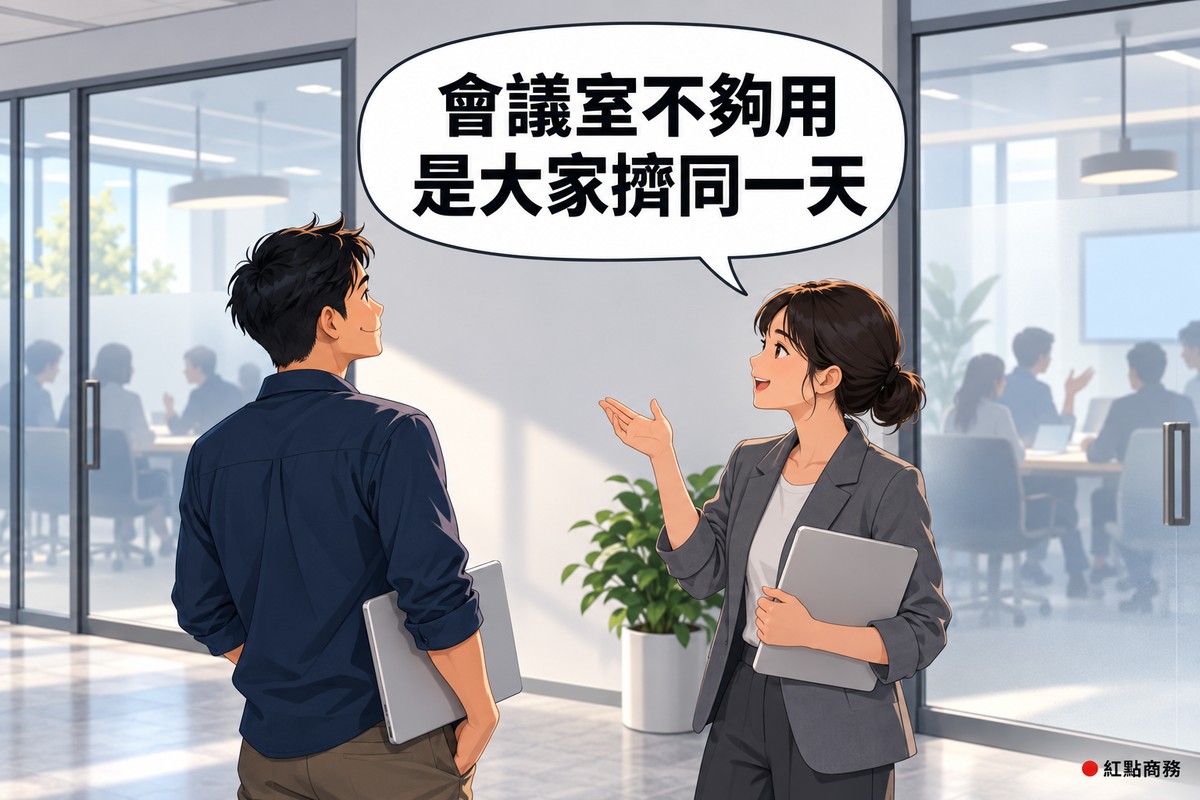 明亮的辦公室走廊,後方兩間玻璃會議室都有人在開會,前景短黑髮、穿靛藍色襯衫的同事背對鏡頭夾著筆電看著會議室,盤低髻、穿石墨灰西裝外套的同事轉頭舉手說明,對話氣泡寫著會議室不夠用是大家擠同一天