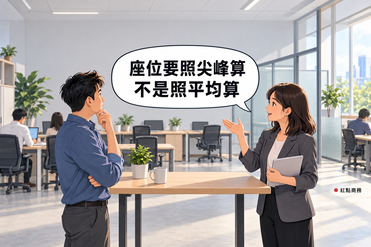 明亮的小團隊辦公室，後方一排木桌約一半空著、椅子收好，前景左邊短髮、穿霧藍色襯衫的老闆托著下巴看著空位思考，右邊及肩直髮、穿石墨灰西裝外套的營運主管拿著空白平板攤手說明，對話氣泡寫著座位要照尖峰算不是照平均算