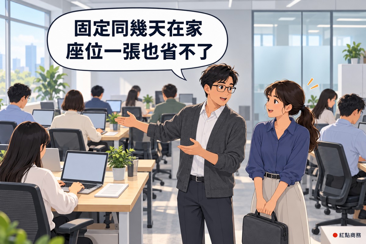 明亮的開放式小辦公室,每張木桌都坐滿了同事,前景綁低馬尾、穿靛藍色上衣的組長拿著筆電包找空位,戴眼鏡、穿石墨灰開襟衫的行政主管指著坐滿的座位說明,對話氣泡寫著固定同幾天在家座位一張也省不了