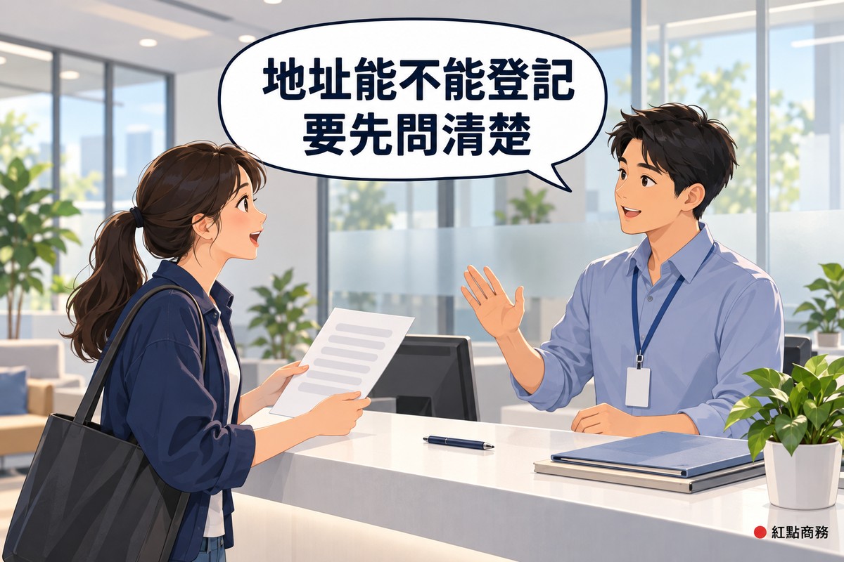 明亮的育成中心接待櫃台,背後是霧面玻璃,沒有任何招牌與名稱,左邊綁馬尾、穿靛藍色外套的女創辦人拿著一張空白表格詢問,右邊短髮、穿霧藍色襯衫、掛著空白識別證的男工作人員在櫃台後舉起手說明,櫃台上有筆、空白資料夾和一盆綠色植物,對話氣泡寫著地址能不能登記要先問清楚