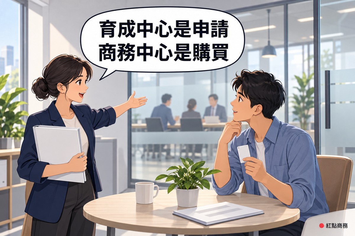 明亮的新創諮詢角落,左邊盤低髻、穿靛藍色西裝外套的女顧問一手舉著一本空白的厚資料夾,一手指向背後玻璃會議室裡三位審查委員,右邊短髮、穿霧藍色襯衫的男創辦人坐在圓桌旁拿著一張空白門禁卡點頭,對話氣泡寫著育成中心是申請商務中心是購買