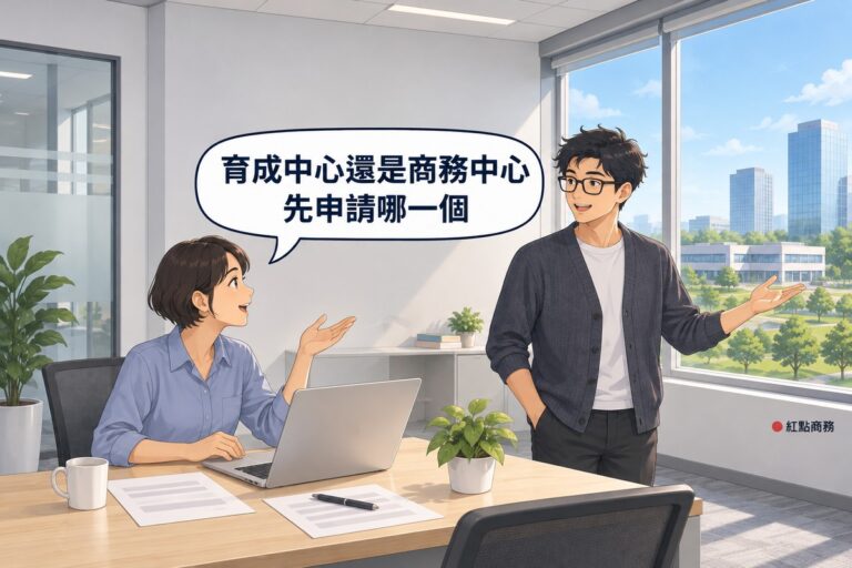 明亮的商務中心小辦公室,左邊短髮、穿霧藍色襯衫的女創辦人坐在木桌前,筆電螢幕空白,轉頭攤手發問,右邊短髮、戴眼鏡、穿石墨灰針織外套的男夥伴站著指向窗外,窗外一邊是綠樹圍繞的低矮校園建築、一邊是玻璃辦公大樓,對話氣泡寫著育成中心還是商務中心先申請哪一個