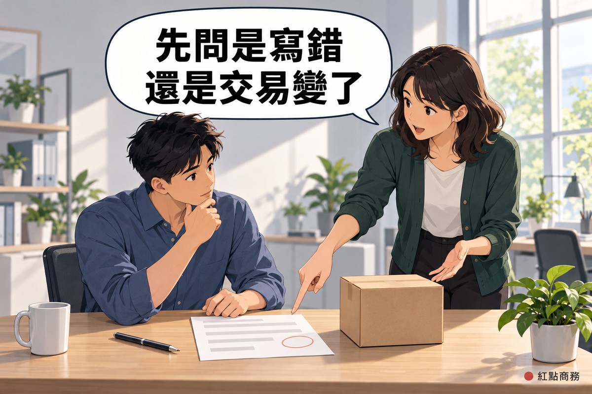 明亮的小辦公室,穿深藍色襯衫的短髮男老闆坐在木桌前托著下巴,桌上放著一張畫了淡紅色圈、只有灰色橫條的空白單據和一個空白紙箱,穿深綠色開襟衫的長髮女記帳人員站在旁邊一手指向單據、一手攤開說明,桌上有筆、馬克杯和一盆綠色植物,對話氣泡寫著先問是寫錯還是交易變了