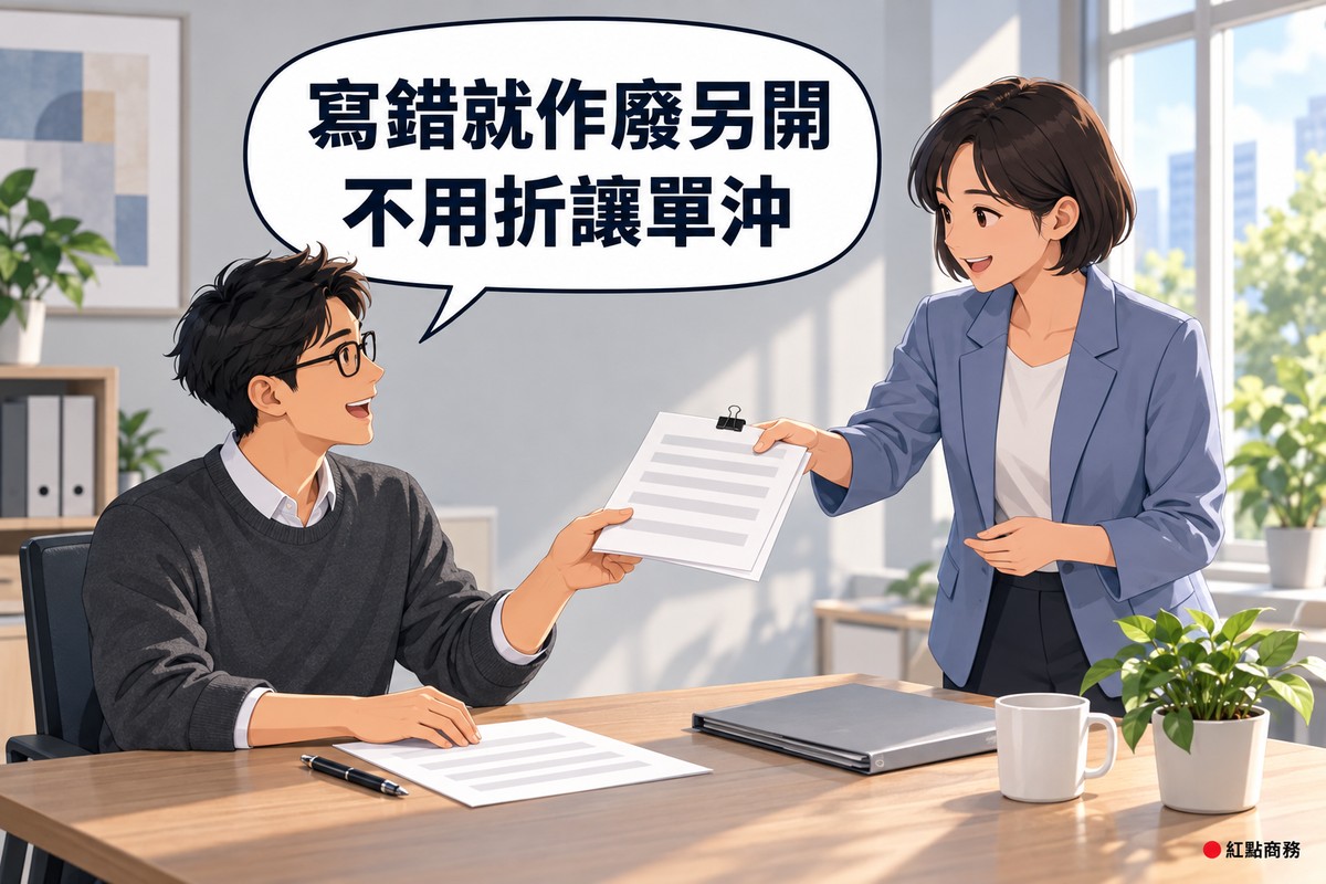 明亮的會議角落,戴眼鏡、穿深灰色毛衣的短髮男客戶坐著,伸手接過穿藍灰色西裝外套、短髮的女會計遞來的一疊只有灰色橫條的空白單據,桌上另有一張空白單據、灰色資料夾、筆、馬克杯和一盆綠色植物,對話氣泡寫著寫錯就作廢另開不用折讓單沖