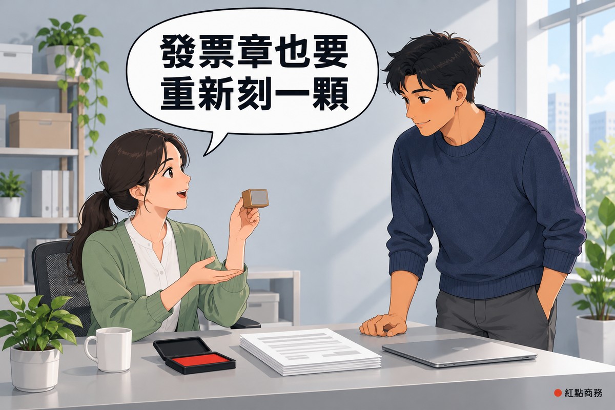 明亮的辦公桌旁,左邊綁低馬尾、穿鼠尾草綠開襟衫的女會計坐著舉起一顆章面空白的小印章說明,右邊穿靛藍色針織衫的男老闆站在桌邊微笑聽著,桌上有印台、闔上的筆電、一疊只有灰色橫條的紙、馬克杯和一盆綠色植物,對話氣泡寫著發票章也要重新刻一顆