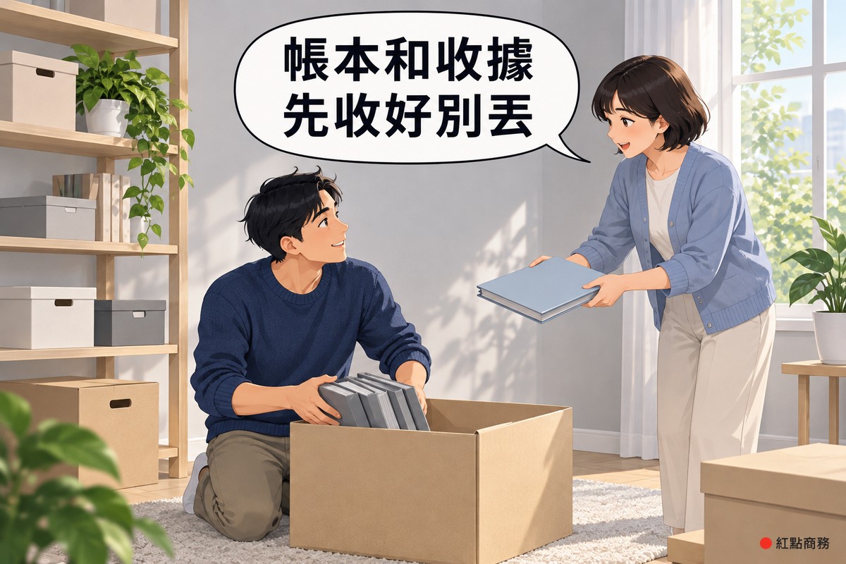 明亮的家中收納角落,穿靛藍色針織衫的男子跪在打開的紙箱旁,把幾本灰色帳冊放進箱子,右邊穿霧藍色開襟外套的短髮女子站著遞給他一個霧藍色資料夾並笑著提醒,旁邊木架上有空白盒子和一盆綠色植物,對話氣泡寫著帳本和收據先收好別丟