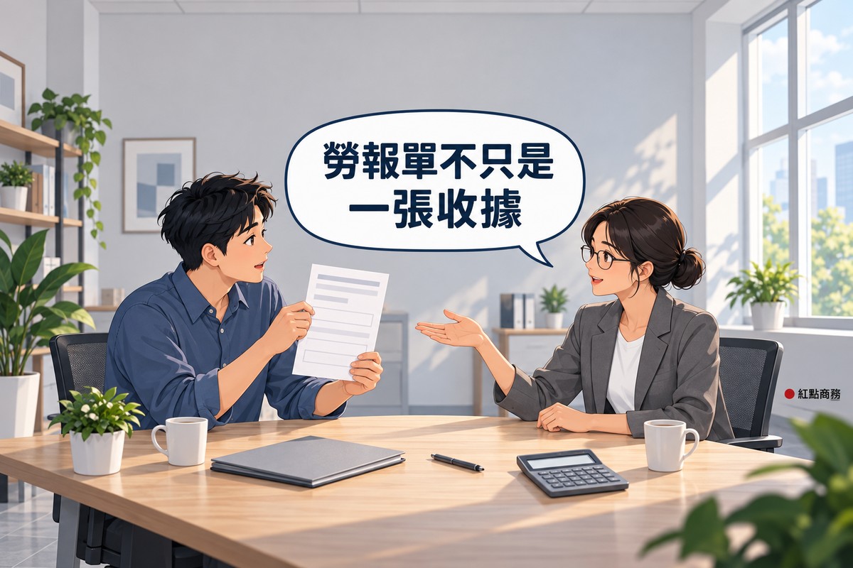 明亮的小辦公室，左邊穿霧藍色襯衫的短髮年輕男老闆坐在木桌旁，舉起一張只有灰色橫條與空白方格的單據，右邊綁低髮髻、戴眼鏡、穿石墨灰西裝外套的女會計坐在對面攤開一手說明，桌上有灰色資料夾、筆、螢幕空白的計算機、兩個馬克杯和一盆綠色植物，對話氣泡寫著勞報單不只是一張收據