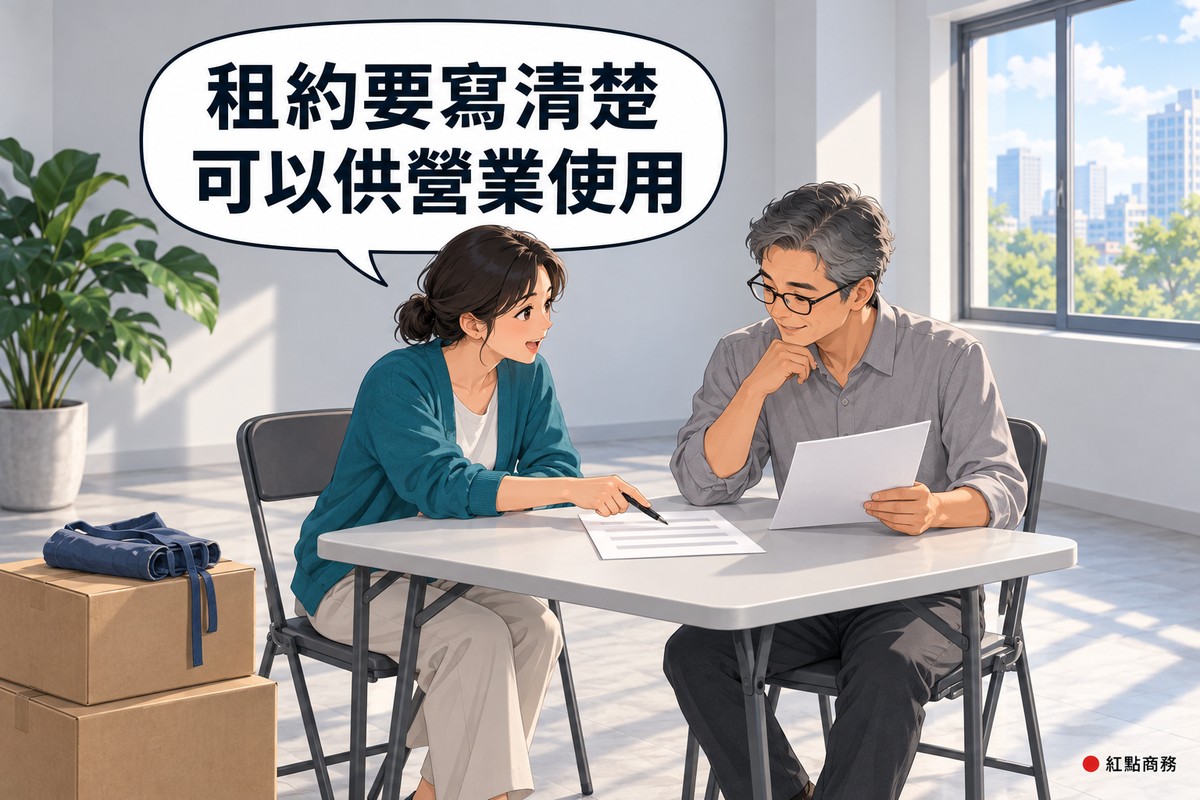 一間空的租屋房間,中間擺著一張摺疊桌和幾張摺疊椅;左邊盤著頭髮、穿藍綠色針織外套的女房客身體前傾,拿筆指著桌上一張只有幾條淺灰色橫條的紙並開口說話;右邊灰髮、戴眼鏡、穿灰色襯衫的房東一手托著下巴、一手拿著另一張空白的紙,微笑看著她指的地方;左前方疊著兩個沒有字的紙箱,上面放著一件摺起來的藍色圍裙,背後是淺灰色的牆、一大盆綠色植物與看得到城市的窗戶,對話氣泡寫著租約要寫清楚,可以供營業使用
