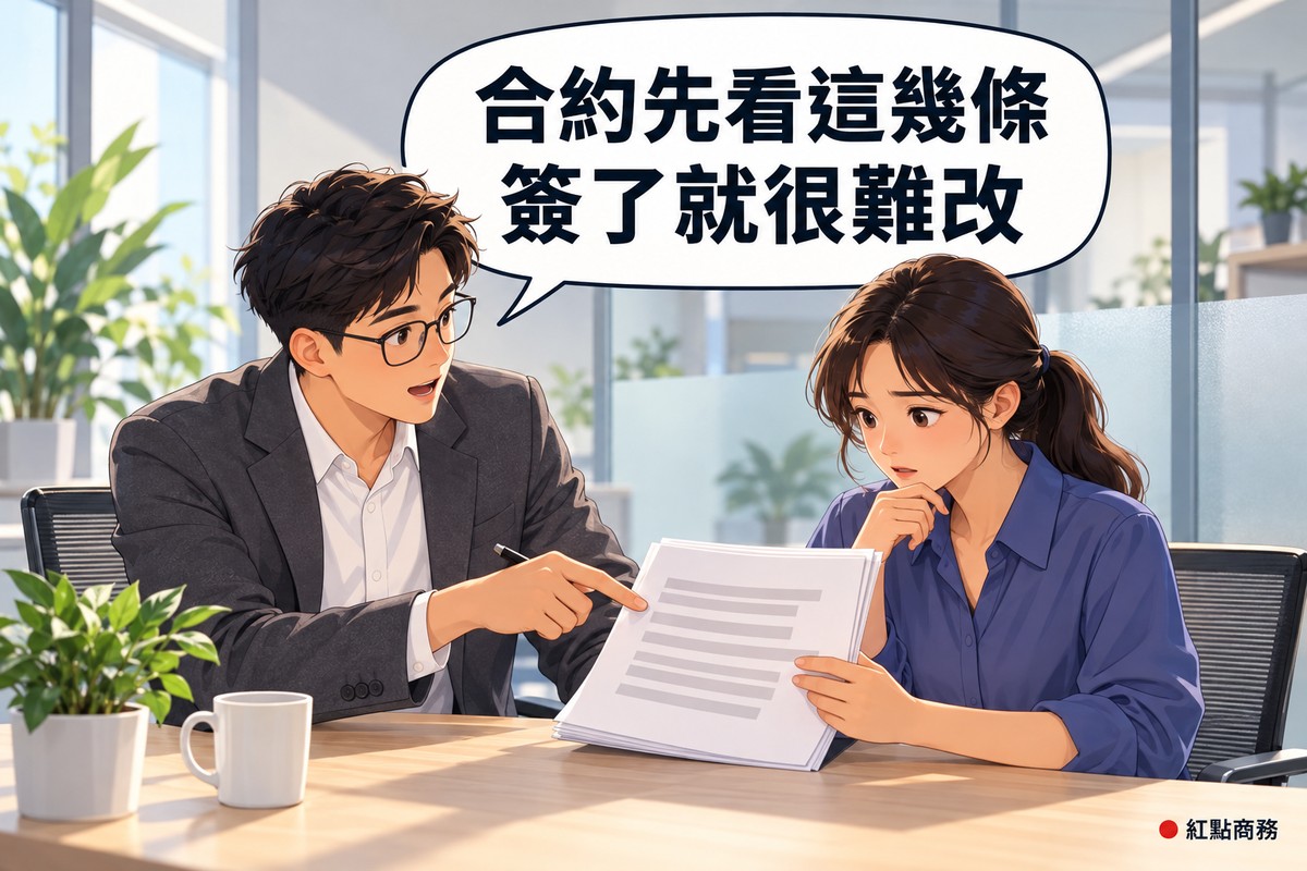 明亮的小會議角落,綁低馬尾、穿靛藍色上衣的老闆拿著一疊只有灰色橫條的空白合約、神情有點擔心,旁邊戴眼鏡、穿石墨灰外套的法律顧問用手指著其中一段說明,對話氣泡寫著合約先看這幾條簽了就很難改