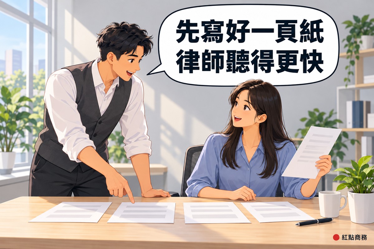明亮的小辦公室,長直髮、穿藍色上衣的老闆在木桌上把幾份空白文件排成一排、手上舉著一張空白紙,旁邊短髮、穿石墨灰背心的同事指著那排文件微笑說話,對話氣泡寫著先寫好一頁紙律師聽得更快