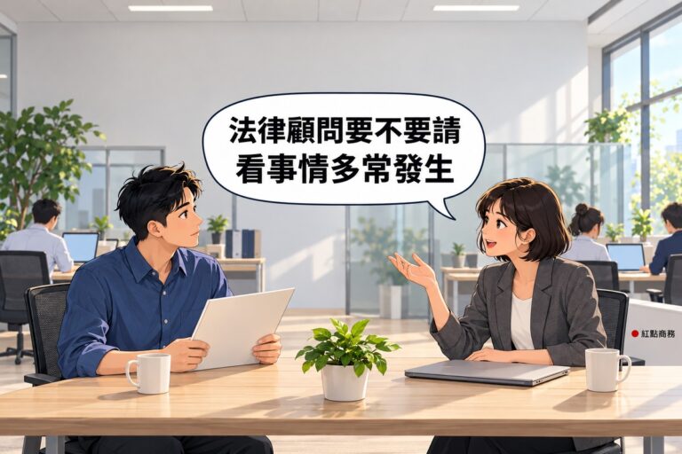 明亮的小公司辦公室,前景小會議桌兩側,左邊短髮、穿藍色襯衫的老闆雙手拿著空白資料夾思考,右邊短鮑伯頭、穿石墨灰西裝外套的法律顧問一手放在闔上的筆電旁、一手攤開說明,對話氣泡寫著法律顧問要不要請看事情多常發生
