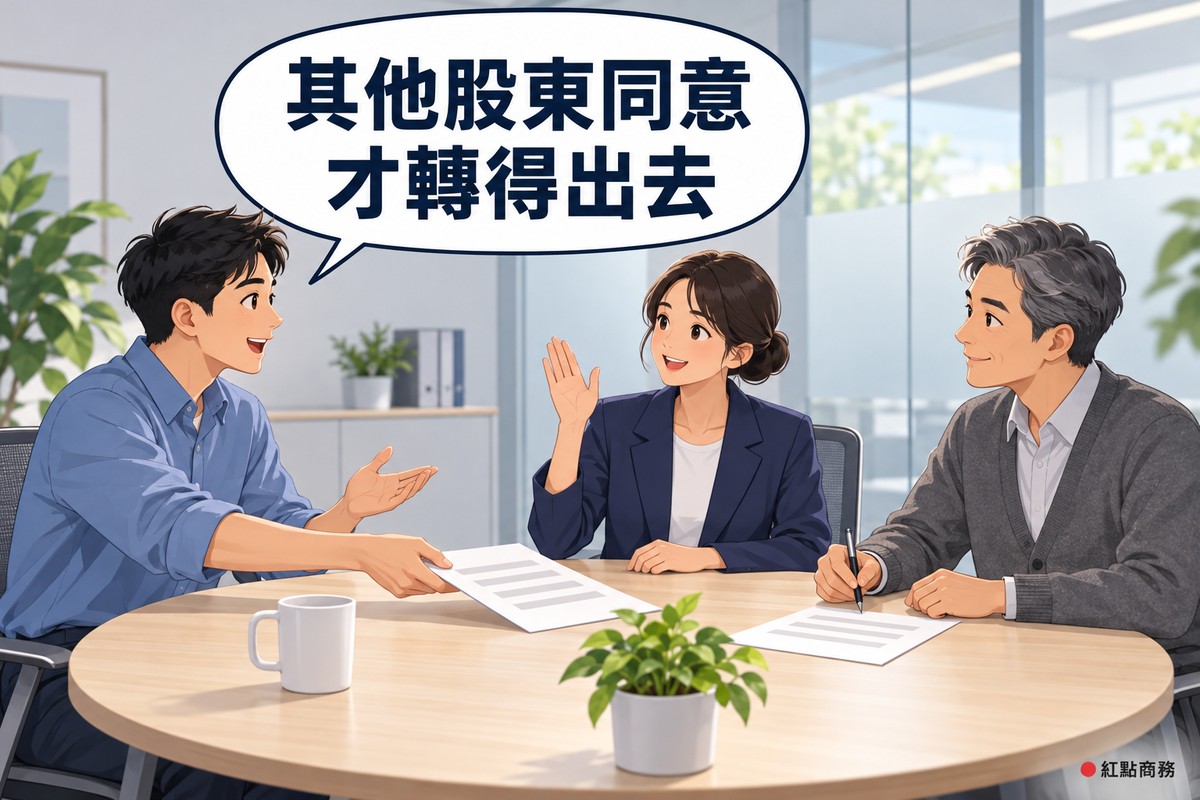 明亮的小公司會議室,三位股東圍著木圓桌,左邊短髮、穿霧藍色襯衫的男股東把一張空白文件推向桌子中間,中間盤低髻、穿靛藍色西裝外套的女股東舉手表示同意,右邊灰髮、穿石墨灰開襟衫的男股東拿筆準備簽名,對話氣泡寫著其他股東同意才轉得出去