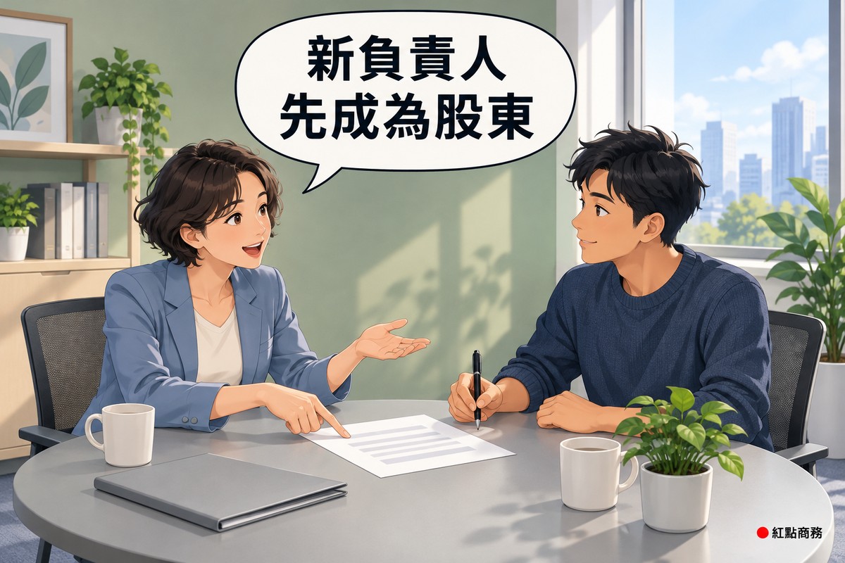 明亮的小會議室圓桌旁,左邊穿霧藍色西裝外套的短捲髮女合夥人把一張只有灰色橫條的文件推到桌子對面並指著說明,右邊穿靛藍色針織衫的男子拿著筆準備簽名,桌上有灰色資料夾、兩個馬克杯和一盆綠色植物,後面是鼠尾草綠的牆,對話氣泡寫著新負責人先成為股東