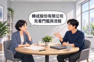 明亮的會議角落，左邊穿霧藍色西裝外套、短髮的女創辦人一手放在空白文件上開口發問，右邊穿靛藍色針織衫的男合夥人身體前傾、攤開一手說明，桌上有灰色資料夾、筆、兩個馬克杯和一盆綠色植物，對話氣泡寫著轉成股份有限公司先看門檻與流程