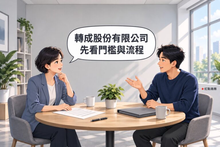 明亮的會議角落,左邊穿霧藍色西裝外套、短髮的女創辦人一手放在空白文件上開口發問,右邊穿靛藍色針織衫的男合夥人身體前傾、攤開一手說明,桌上有灰色資料夾、筆、兩個馬克杯和一盆綠色植物,對話氣泡寫著轉成股份有限公司先看門檻與流程