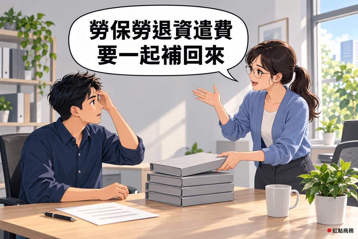 明亮的小辦公室,穿靛藍色襯衫的短髮男老闆坐在木桌前一手扶額,看著桌上一疊空白的灰色資料夾,旁邊綁低馬尾、戴眼鏡、穿霧藍色開襟衫的女會計站著再放上一個資料夾,攤開一手說明,桌上有筆、馬克杯和一盆綠色植物,對話氣泡寫著勞保勞退資遣費要一起補回來
