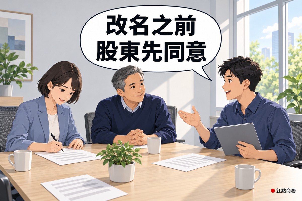 明亮的小會議室,三位股東圍著淺色木桌,左邊穿霧藍色西裝外套的短髮女子在只有灰色橫條的文件上簽名,中間穿深藍色毛衣的灰髮男子雙手交握微笑聽著,右邊穿靛藍色襯衫的年輕男子拿著灰色資料夾、伸手開口說明,桌上有馬克杯和一盆綠色植物,對話氣泡寫著改名之前股東先同意