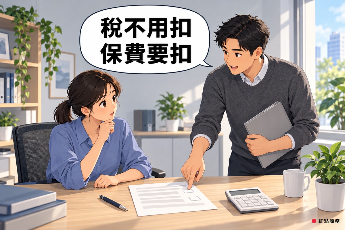 明亮的小辦公室,綁短馬尾、穿霧藍色襯衫的女老闆坐在木桌前略帶驚訝地看著一張只有灰色橫條的表單,旁邊穿石墨灰毛衣的短髮男會計站著用手指依序點著表單上兩個空白方格說明,另一手拿著灰色資料夾,桌上有筆、螢幕空白的計算機、馬克杯和一盆綠色植物,對話氣泡寫著稅不用扣保費要扣