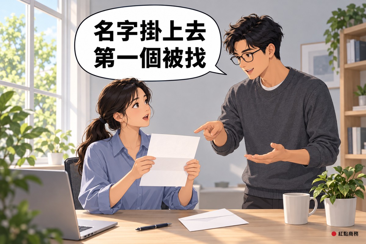 明亮的居家辦公角落,左邊綁長低馬尾、穿霧藍色上衣的女子拿著一封打開的空白信件發問,桌上有一個空白信封,右邊戴眼鏡、穿石墨灰毛衣的男性朋友站在旁邊指著信件說明,對話氣泡寫著名字掛上去第一個被找