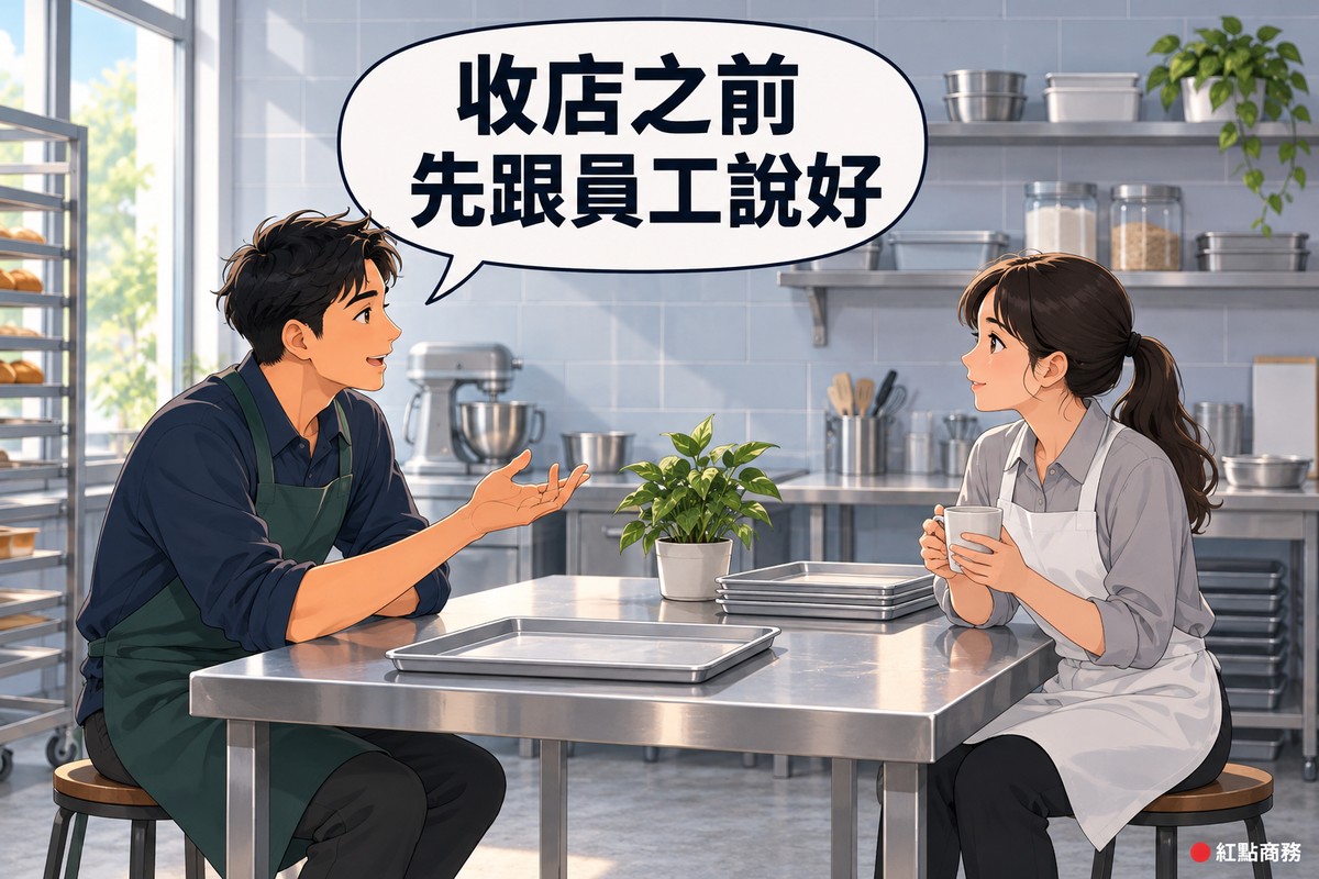 下班後明亮的烘焙工作室,左邊穿深綠色圍裙的男老闆坐在高腳椅上身體微微前傾、攤開手誠懇說明,右邊綁馬尾、穿淺灰色工作服和白圍裙的年輕女員工捧著馬克杯專心聽,中間的不鏽鋼工作台上有空烤盤和一盆綠色植物,對話氣泡寫著收店之前先跟員工說好