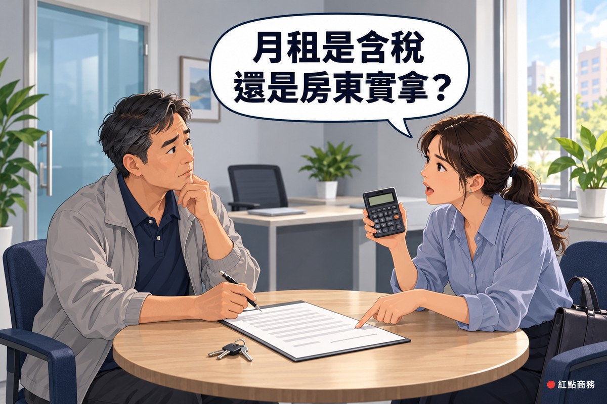 待出租的小辦公室裡,一位頭髮花白、穿灰色外套與深藍色 polo 衫的中年房東和一位綁馬尾、穿藍色襯衫的女性承租人坐在圓木桌兩邊;桌上有一份夾在板夾上、只畫了灰色橫線的租約和一串鑰匙;房東一手拿著筆停在租約上方,另一手托著下巴、抬眼思考;承租人一手舉著螢幕空白的黑色計算機,另一手指著租約、開口發問,她身旁的椅子上放著黑色公事包,後方有玻璃門、牆上的畫、一組空的桌椅、幾盆綠色植物和窗戶,對話氣泡寫著月租是含稅,還是房東實拿