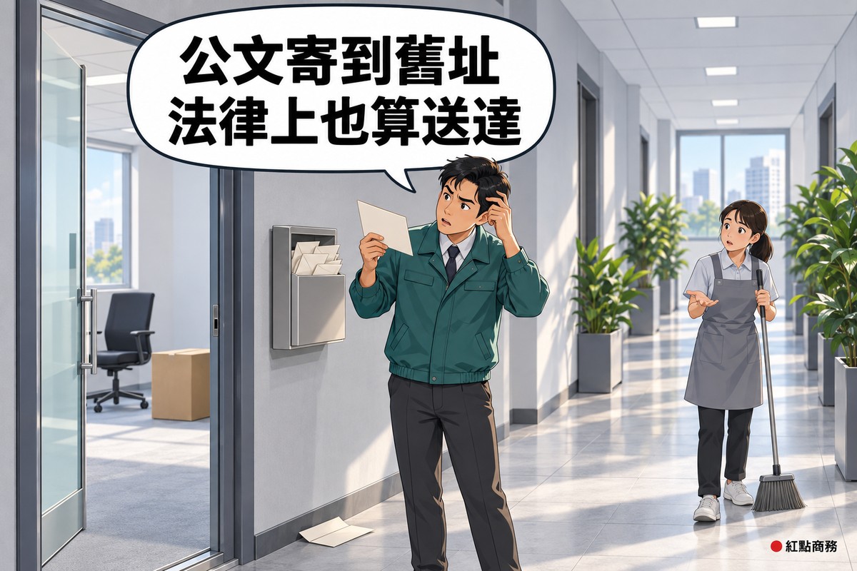 辦公大樓的走廊上,一間已經搬空的辦公室玻璃門半開,裡面只剩一張辦公椅與一個紙箱;門邊牆上的信箱塞滿空白的信封,地上還掉了一封,穿綠色夾克、打領帶的男性大樓管理員抽出其中一封舉在手上,皺著眉頭、另一手抓著頭,走廊遠處穿灰色圍裙、拿著掃把的女性清潔人員攤開一隻手看過來,牆面是淺灰色,沿著走廊擺了一排綠色盆栽,對話氣泡寫著公文寄到舊址,法律上也算送達