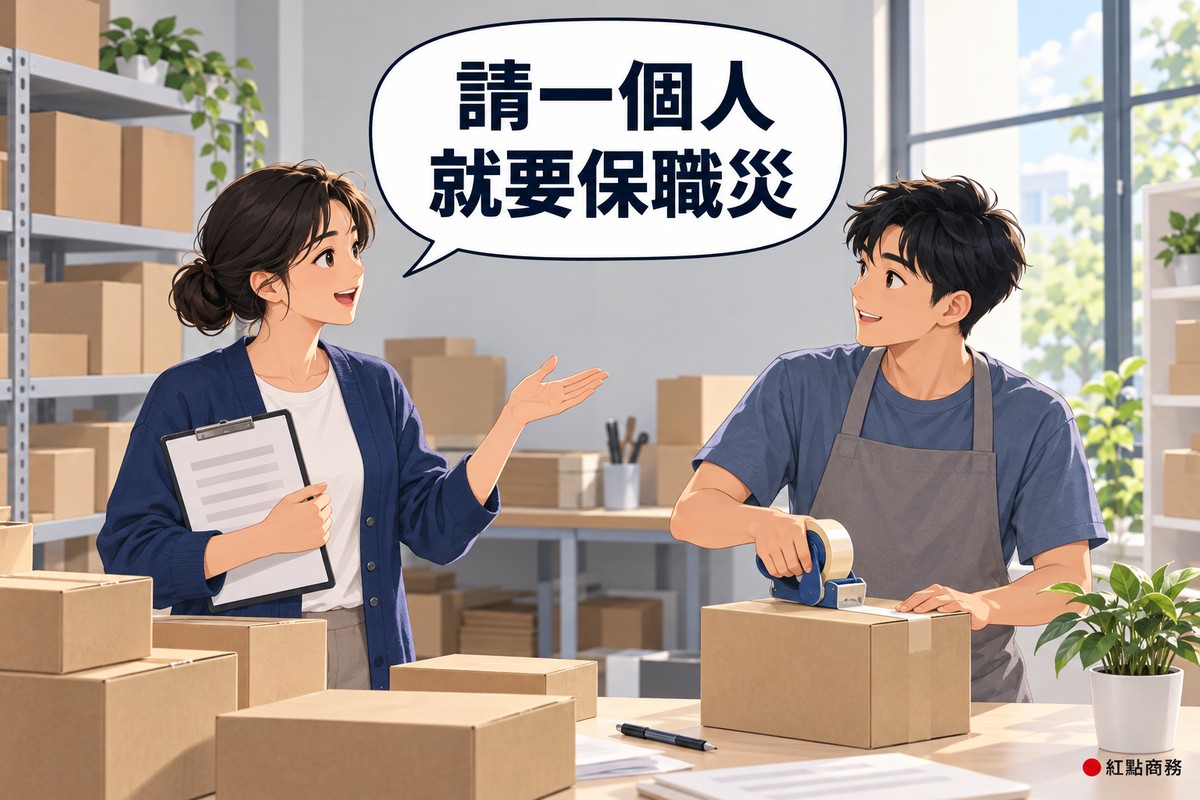 明亮的網拍包貨工作室,穿靛藍色開襟衫、綁低髮髻的女老闆拿著空白寫字板轉身跟新來的兼職說話,右邊穿霧藍色上衣、繫灰色圍裙的短髮年輕男兼職在包裝桌前封箱並抬頭聽,桌上有沒有標示的紙箱、膠台、筆和一盆綠色植物,對話氣泡寫著請一個人就要保職災