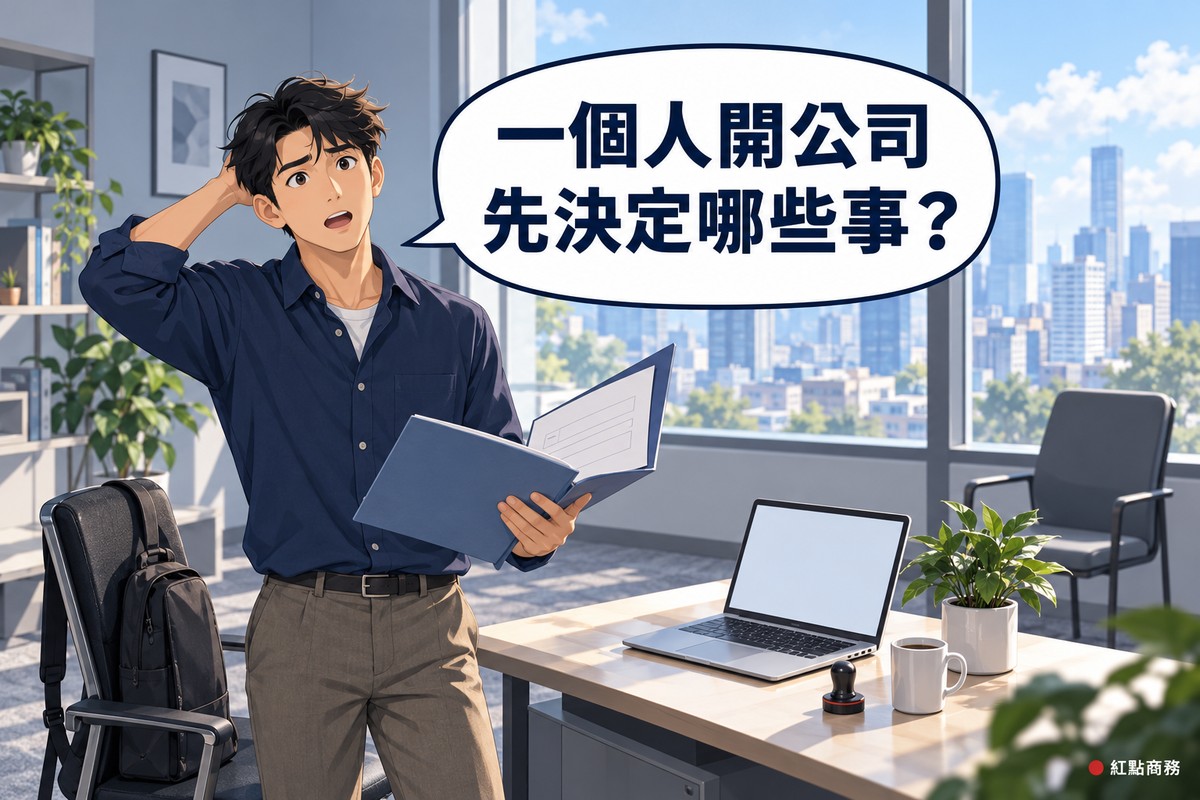 明亮的單人辦公室裡，落地窗外是城市的天際線；一位穿深藍色襯衫、捲起袖子的創業者站在辦公桌旁，一手抓著後腦勺、張著嘴像在發問，另一手拿著打開的藍色資料夾，裡面是一張空白的表格；桌上有螢幕空白的筆電、一顆黑色的公司章、一個馬克杯和一盆綠色植物，旁邊的椅子上掛著黑色後背包，窗邊另有一張空椅子，對話氣泡寫著一個人開公司，先決定哪些事