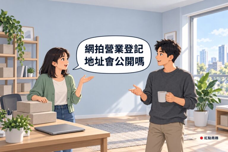 明亮的居家工作角落，左邊穿鼠尾草綠針織外套、肩長直髮的網拍賣家一手按著桌上的素色包裹、一手攤開發問，右邊穿石墨灰毛衣的朋友拿著馬克杯、微笑回應，旁邊是木頭書桌、闔上的筆電、放著素面紙盒的層架和一盆綠色植物，後面是淡灰藍色的牆和大窗戶，對話氣泡寫著網拍營業登記地址會公開嗎