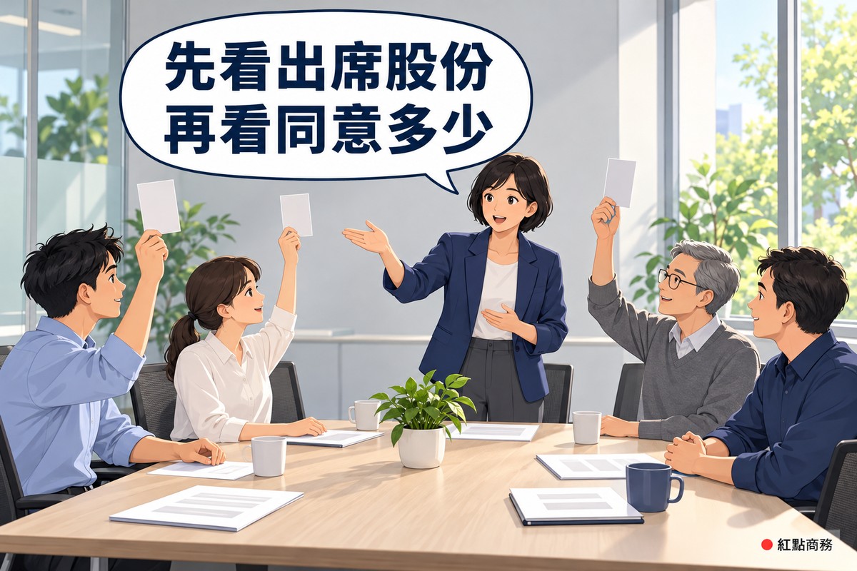 明亮的小會議室,四位股東圍坐木桌,三位舉手拿著空白卡片表決,桌首穿靛藍色西裝外套的女主席站著攤手計票說明,對話氣泡寫著先看出席股份再看同意多少