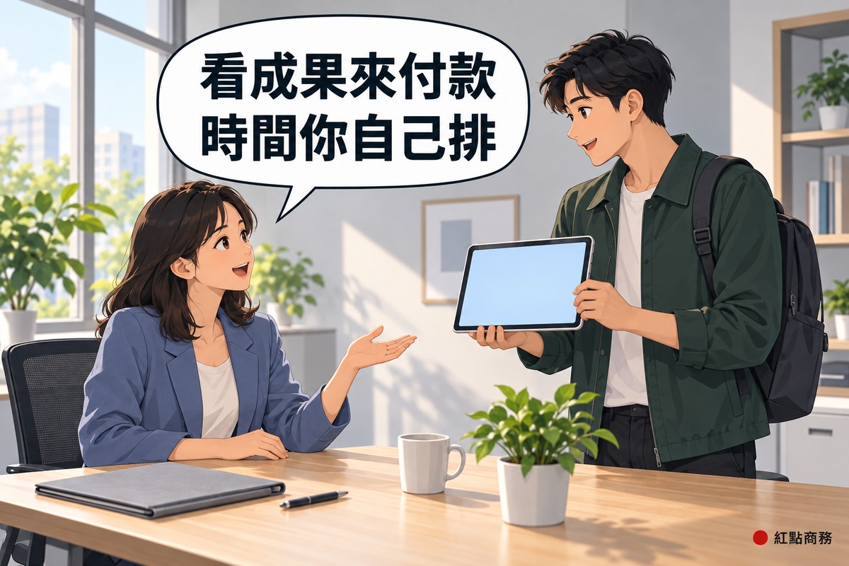明亮的小辦公室,背著自己背包、穿深綠色夾克的年輕男剪輯師站在桌旁,把自己的平板轉向對方展示完成的作品,平板螢幕是空白的淡藍色,左邊穿霧藍色西裝外套的長髮女老闆坐著看平板,攤開一手說話,桌上有灰色資料夾、筆、馬克杯和一盆綠色植物,對話氣泡寫著看成果來付款時間你自己排