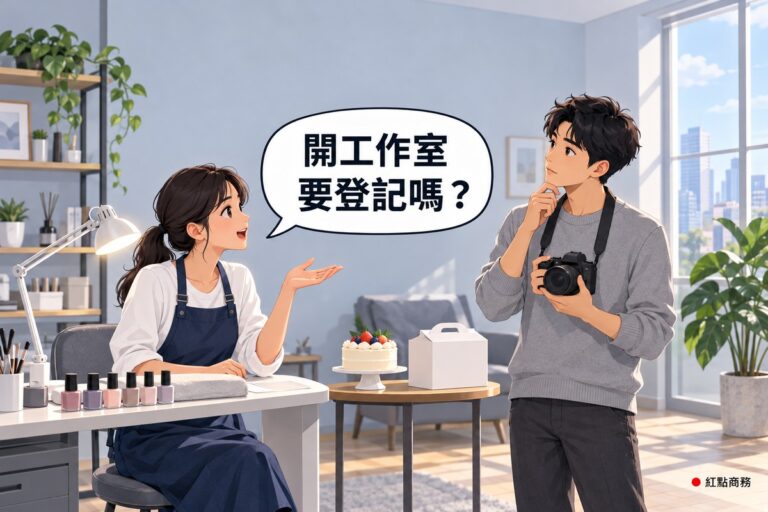 明亮的居家工作室,左邊一位綁低馬尾、穿白色上衣與靛藍色工作圍裙的美甲師坐在白色美甲桌前,桌上有亮著的白色檯燈和一排沒有標籤的指甲油,她轉頭攤開一隻手、張著嘴在發問;右邊穿灰色毛衣、脖子上掛著黑色相機的朋友一手托著下巴抬頭在想,兩人中間的小圓桌上放著一個草莓蛋糕和白色蛋糕盒,後面有灰色沙發,左邊層架上有綠色植物,右邊落地窗外是白天的城市,牆面是淡灰藍色,對話氣泡寫著開工作室要登記嗎