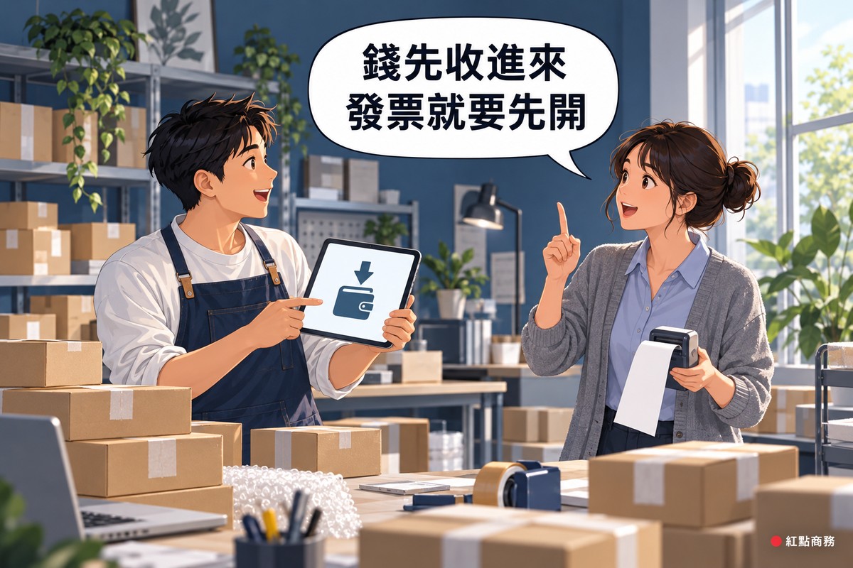 靛藍色牆面的網路商店工作室裡,穿著圍裙的店主開心地拿著平板,螢幕上是款項進到錢包的圖示,四周堆滿還沒寄出的紙箱包裹;對面穿針織外套的記帳同事一手拿著吐出空白紙條的小型印表機,一手豎起食指提醒,對話氣泡寫著錢先收進來,發票就要先開