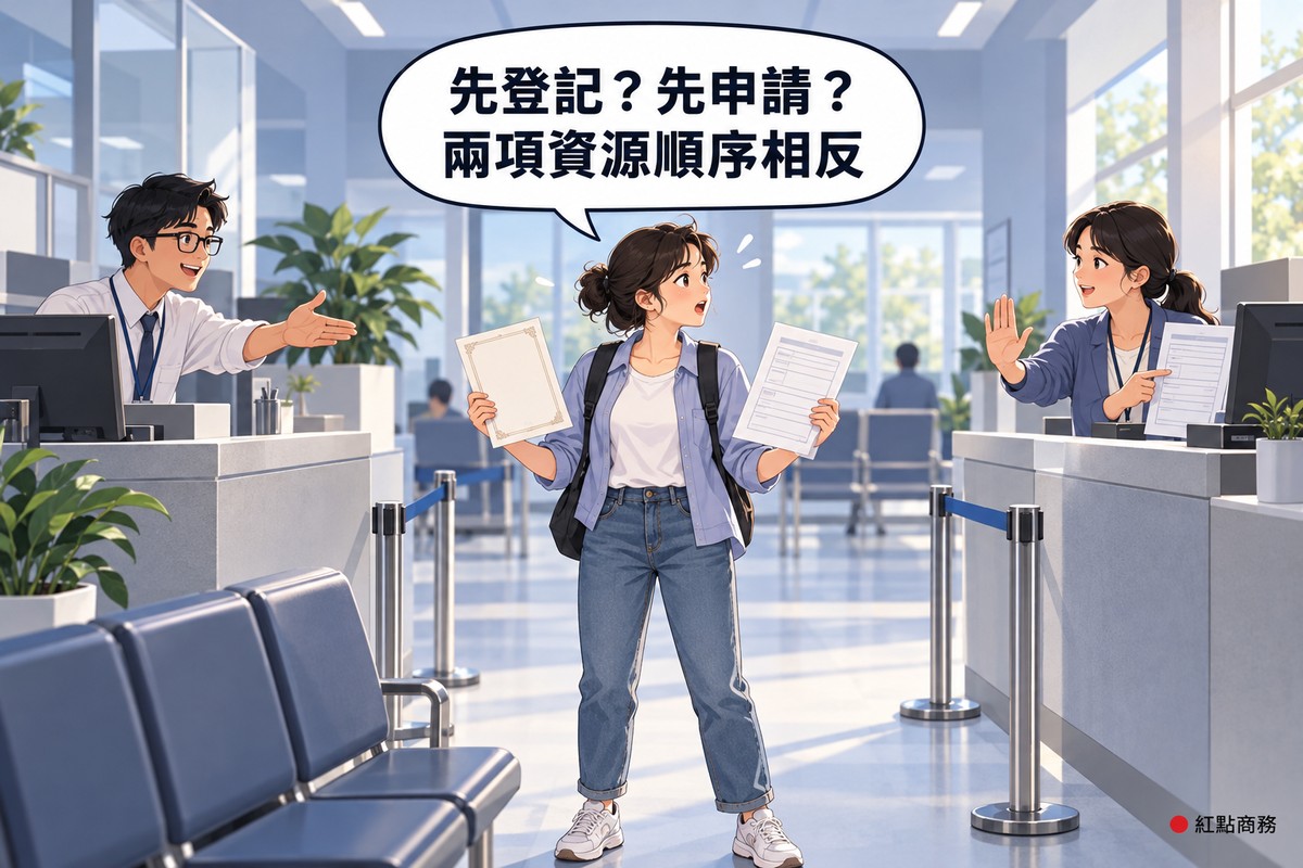 明亮的服務大廳裡,一位背著背包的創業者站在左右兩個服務櫃檯中間,一手拿著空白的證書,一手拿著空白的申請表,驚訝地張望;左邊櫃檯戴眼鏡的承辦人員伸手招呼她過去,右邊櫃檯的承辦人員舉起手掌表示先等一下,另一手指著自己手上的表單,前景有排隊欄杆、長椅和盆栽,對話氣泡寫著先登記,先申請,兩項資源順序相反