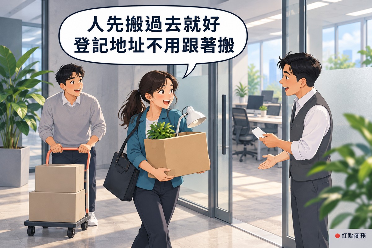 商務中心裡一間現成辦公室的玻璃門口,右邊穿深灰色背心、白襯衫的男性服務人員一手拿著一張空白的門禁卡、一手比向室內,張嘴說話;中間綁馬尾、穿藍綠色外套的女性上班族抱著紙箱走過來,箱子裡露出一小盆植物與檯燈,肩上背著黑色公事包,笑著說話;左後方穿淺灰色毛衣的男同事推著疊了兩個紙箱的小推車,玻璃門後面看得到擺好的桌椅與螢幕,牆面是淺灰色與霧面玻璃,門邊有大型綠色盆栽,對話氣泡寫著人先搬過去就好,登記地址不用跟著搬