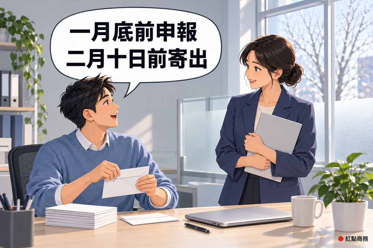 明亮的冬日辦公室,左邊短髮、穿霧藍色毛衣的男行政坐在桌前封好一小疊空白信封抬頭微笑,右邊盤低髻、穿靛藍色西裝外套的女同事抱著空白資料夾站在桌邊點頭,對話氣泡寫著一月底前申報二月十日前寄出