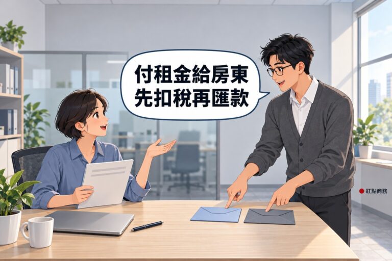 明亮的小公司辦公室,左邊短髮、穿霧藍色襯衫的女行政坐在木桌前拿著空白租約資料夾轉頭攤手發問,右邊短髮、戴眼鏡、穿石墨灰開襟衫的男會計站在桌邊微笑,指著桌上兩個顏色不同的空白信封,對話氣泡寫著付租金給房東先扣稅再匯款