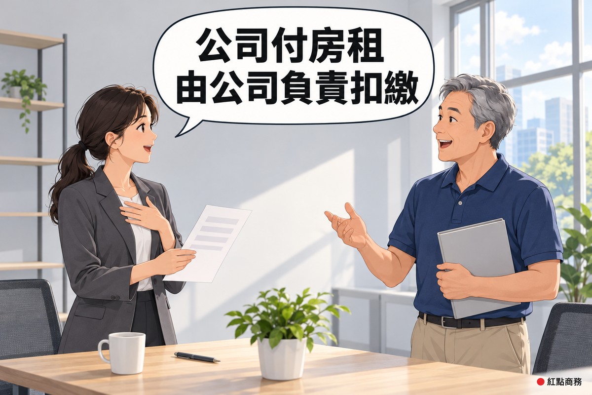 明亮的空辦公室,右邊灰髮、穿靛藍色Polo衫的男房東拿著空白資料夾微笑發問,左邊綁低馬尾、穿石墨灰西裝外套的女公司代表一手放在胸前、一手拿著空白文件說明,對話氣泡寫著公司付房租由公司負責扣繳