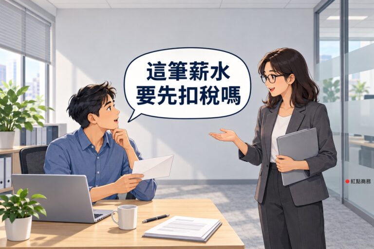 明亮的商務中心小辦公室,新公司第一次發薪,左邊短髮、穿霧藍色襯衫的男老闆坐在木桌前拿著一個空白信封,轉頭發問,右邊及肩黑髮、戴眼鏡、穿石墨灰西裝外套的女行政站在桌邊拿著灰色資料夾攤手說明,桌上有螢幕空白的筆電、筆、馬克杯和一盆綠色植物,背後是霧面玻璃隔間,對話氣泡寫著這筆薪水要先扣稅嗎
