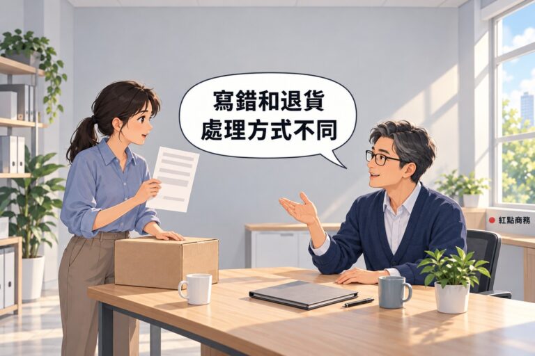 明亮的小辦公室,左邊綁短馬尾、穿霧藍色襯衫的年輕老闆站在木桌旁,一手拿著只有灰色橫條的空白單據、一手按著客人退回的空白紙箱,右邊灰白短髮、戴眼鏡、穿靛藍色開襟衫的會計師坐著攤開一手說明,桌上有灰色資料夾、筆、兩個馬克杯和一盆綠色植物,對話氣泡寫著寫錯和退貨處理方式不同