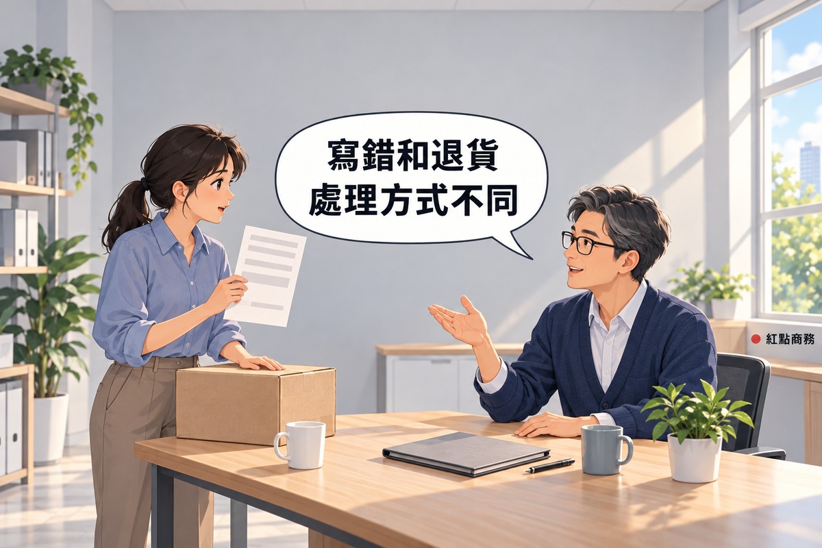 明亮的小辦公室，左邊綁短馬尾、穿霧藍色襯衫的年輕老闆站在木桌旁，一手拿著只有灰色橫條的空白單據、一手按著客人退回的空白紙箱，右邊灰白短髮、戴眼鏡、穿靛藍色開襟衫的會計師坐著攤開一手說明，桌上有灰色資料夾、筆、兩個馬克杯和一盆綠色植物，對話氣泡寫著寫錯和退貨處理方式不同