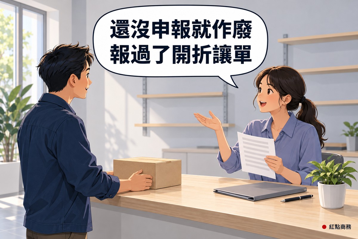 明亮的展示間櫃台,穿深藍色外套的短髮客人把一個空白紙箱放上木櫃台退貨,櫃台後綁低馬尾、穿藍紫色襯衫的女老闆一手拿著只有灰色橫條的空白單據、一手攤開說明,櫃台上有灰色資料夾、筆和一盆綠色植物,對話氣泡寫著還沒申報就作廢報過了開折讓單