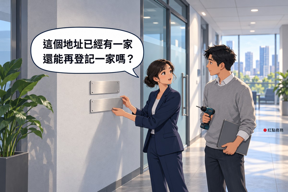 明亮的辦公大樓走廊，淺灰色的牆上已經掛著一塊空白的金屬門牌，一位穿深藍色西裝外套、把頭髮盤起來的女性創業者雙手拿著另一塊一樣大小的空白門牌，比在第一塊的下方，回頭看向旁邊，眉毛挑起、嘴巴微張；旁邊穿淺灰色毛衣的男同事一手拿著電鑽、一手抱著資料夾看著她；左邊有一盆大型綠色植物，後面是霧面玻璃門，走廊盡頭的落地窗外是白天的城市高樓，對話氣泡寫著這個地址已經有一家，還能再登記一家嗎