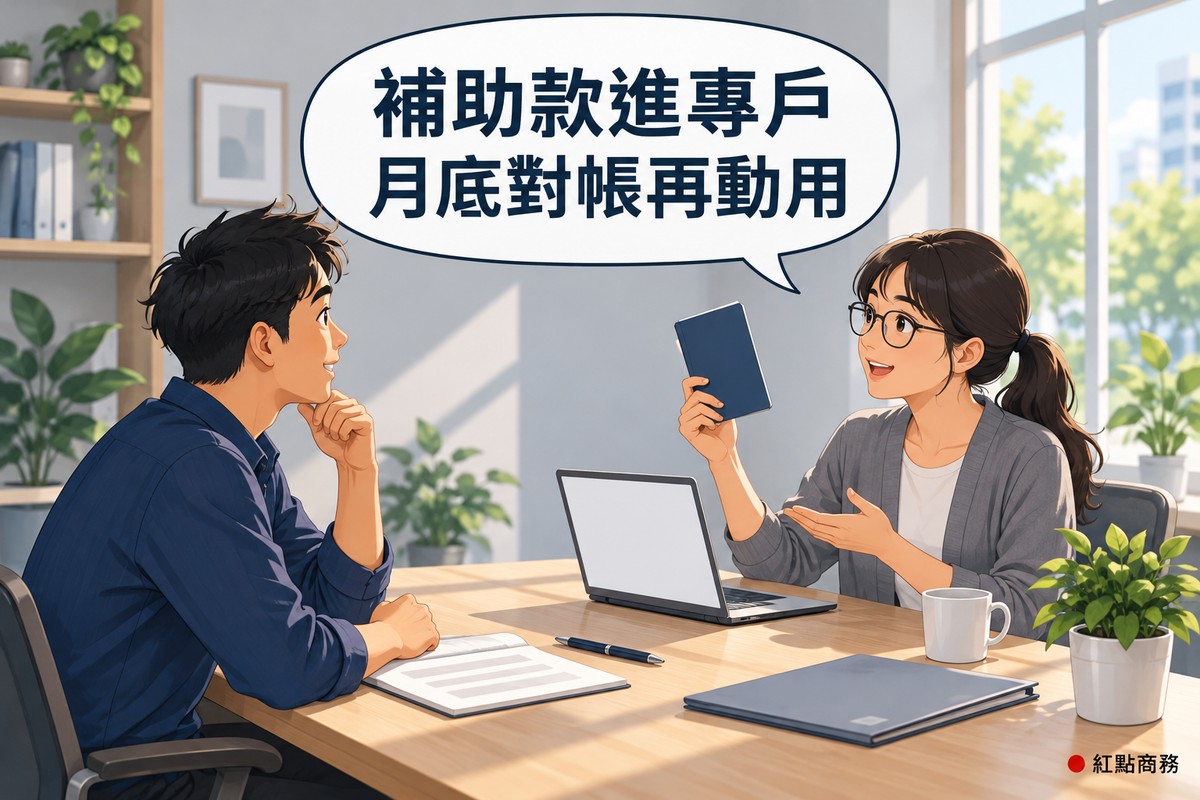 明亮的小辦公室,綁低馬尾、戴眼鏡、穿石墨灰開襟衫的女會計坐在木桌後舉起一本封面空白的深藍色存摺樣小冊,跟桌子另一邊的灰色資料夾分開放,對面穿靛藍色襯衫的短髮年輕創業者點頭傾聽,桌上有筆、螢幕空白的筆電、馬克杯和一盆綠色植物,對話氣泡寫著補助款進專戶月底對帳再動用