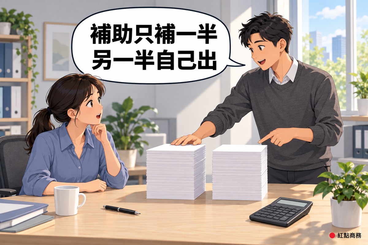 明亮的小辦公室,綁短馬尾、穿霧藍色襯衫的女老闆坐在木桌前看著桌上兩疊一樣高的空白紙張,旁邊穿石墨灰毛衣的短髮男會計站著,一手輕放在一疊紙上、另一手指向另一疊說明,桌上有筆、螢幕空白的計算機、馬克杯和一盆綠色植物,對話氣泡寫著補助只補一半另一半自己出