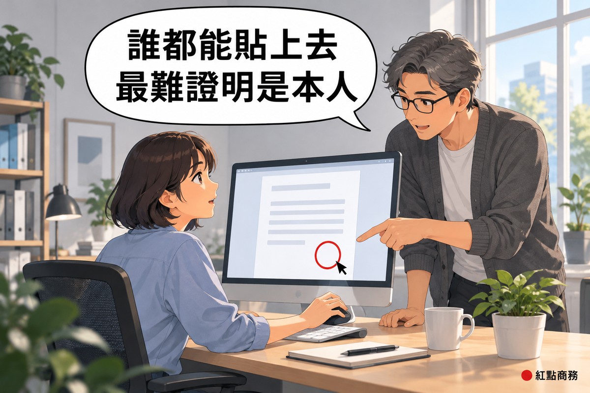 明亮的小設計工作室,穿霧藍色襯衫、短鮑伯頭的女設計師坐在大螢幕前,正用滑鼠把一個沒有任何字的紅色圓形圖章拖到空白文件下方,抬頭露出意外的表情,身後戴眼鏡、灰白短髮、穿石墨灰開襟衫的男同事指著螢幕上的紅色圓形說明,桌上有鍵盤、筆、馬克杯和一盆綠色植物,對話氣泡寫著誰都能貼上去最難證明是本人