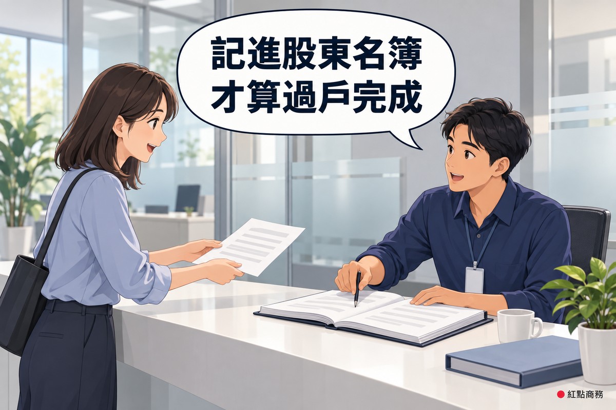 明亮的公司前台,沒有任何招牌,左邊及肩直髮、穿霧藍色上衣的女新股東站在櫃台前遞出一張空白文件,右邊短髮、穿靛藍色襯衫、掛著空白識別證的男職員坐在櫃台後,拿筆指著一本攤開的空白厚冊子,對話氣泡寫著記進股東名簿才算過戶完成