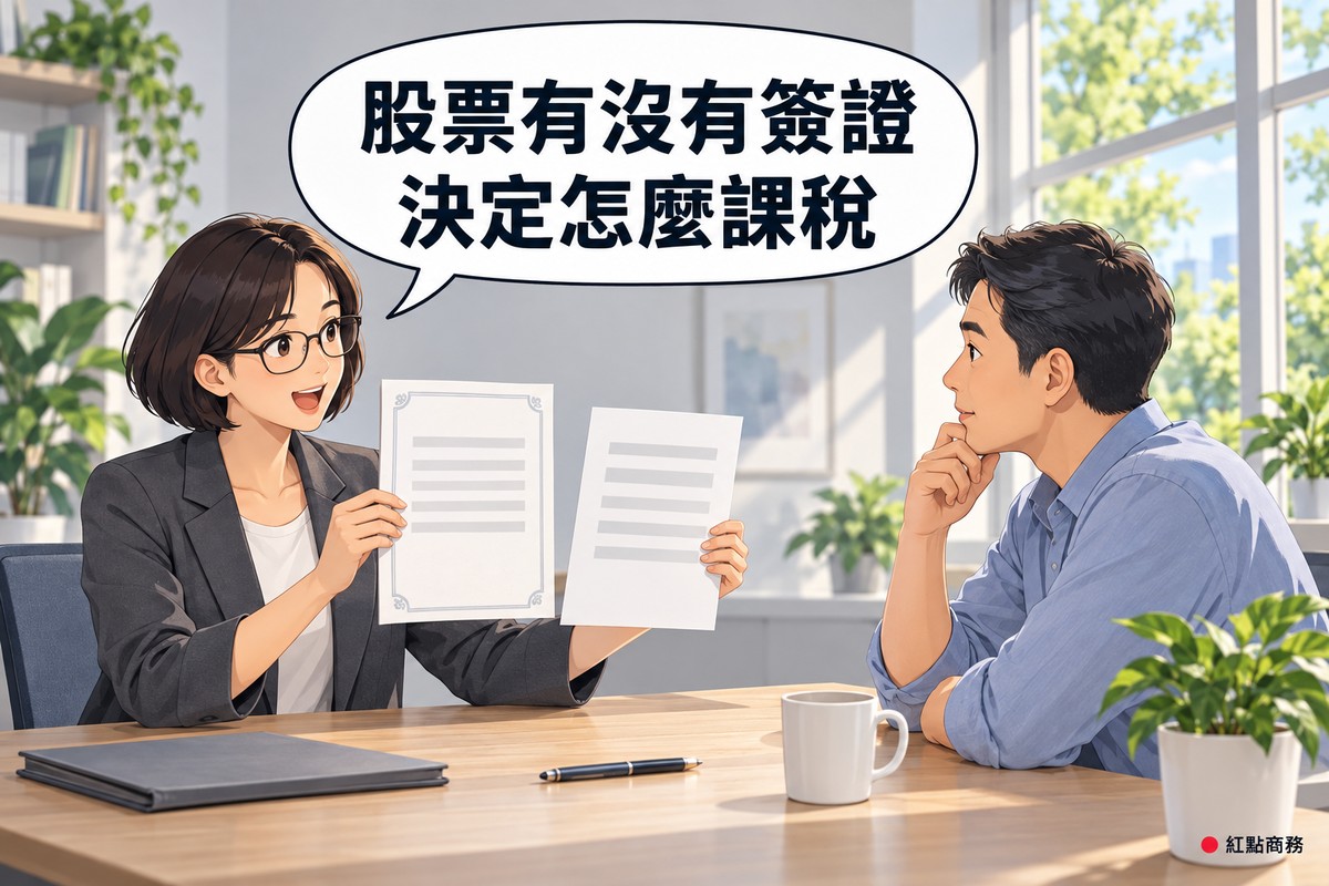 明亮的諮詢室,左邊戴眼鏡、短鮑伯頭、穿石墨灰西裝外套的女稅務顧問左右手各拿一份空白文件比較,一份有素面邊框、一份只有淺灰線條,右邊短髮、穿霧藍色襯衫的男老闆坐在桌前托著下巴專心聽,對話氣泡寫著股票有沒有簽證決定怎麼課稅